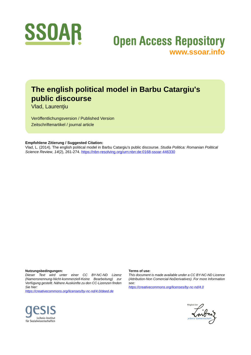 The English Political Model in Barbu Catargiu's Public Discourse Vlad, Laurenţiu