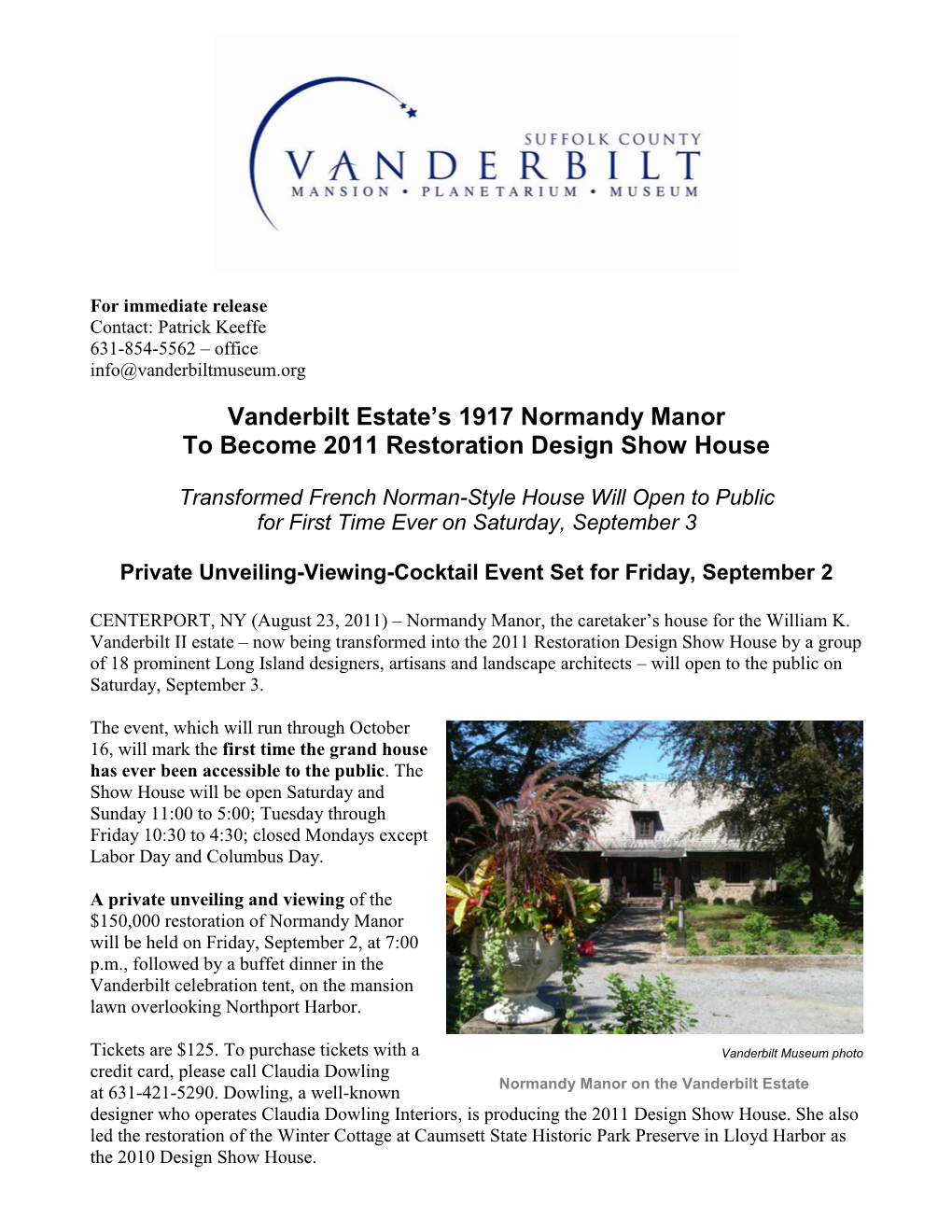 Vanderbilt Estate's 1917 Normandy Manor to Become 2011