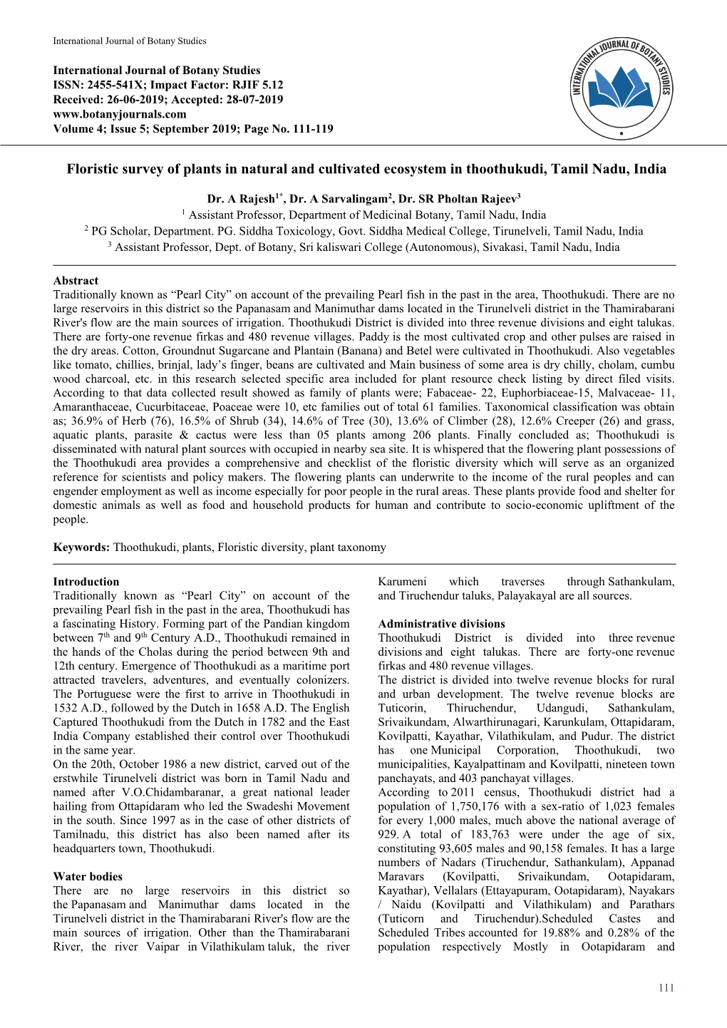 Floristic Survey of Plants in Natural and Cultivated Ecosystem in Thoothukudi, Tamil Nadu, India