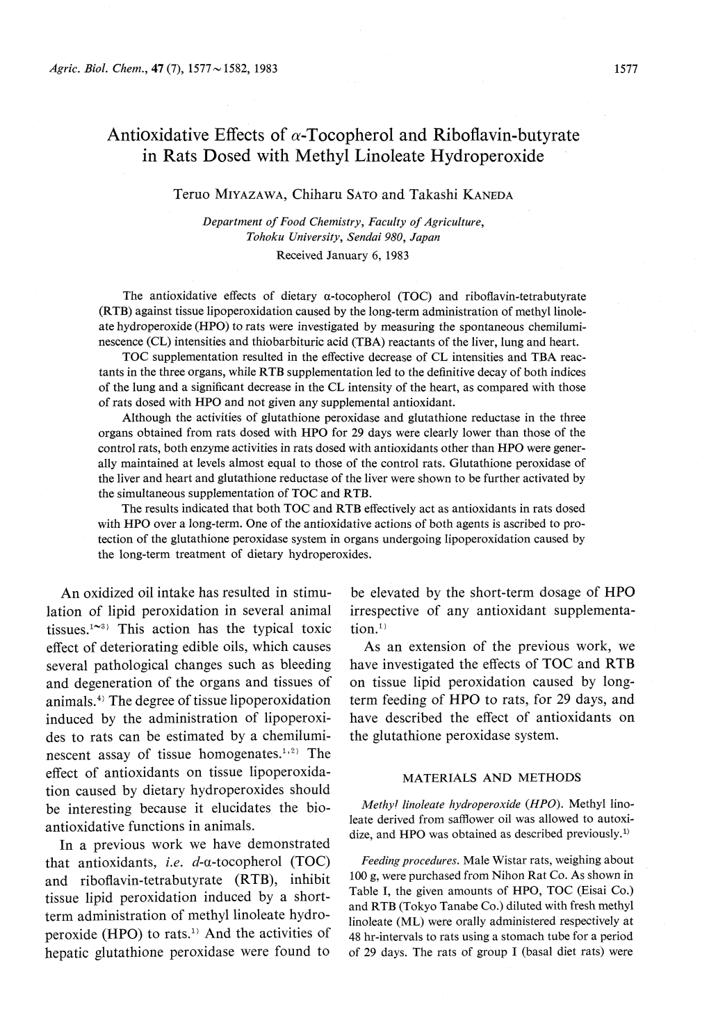 Antioxidative Effects of A-Tocopherol and Riboflavin-Butyrate in Rats Dosed with Methyl Linoleate Hydroperoxide