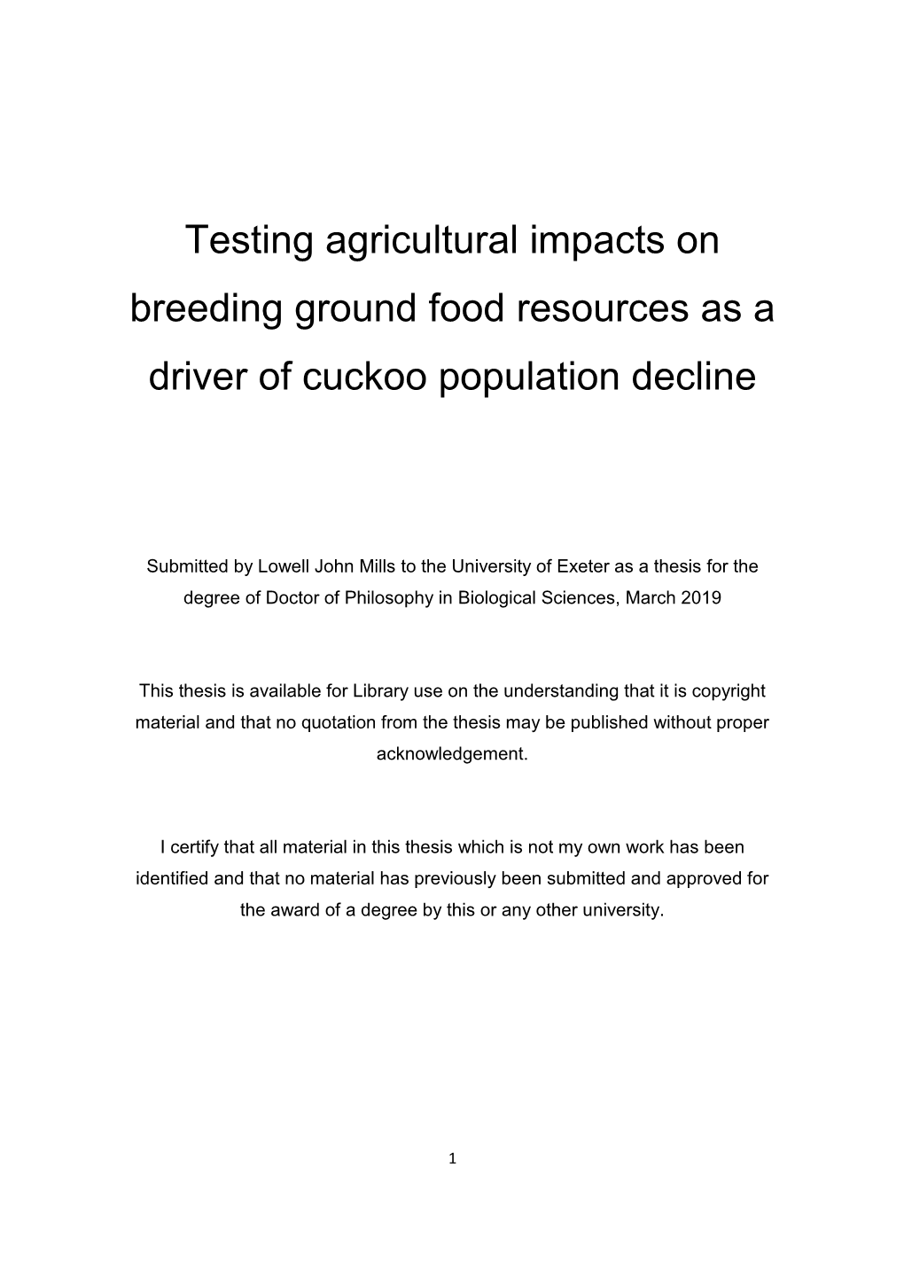 Testing Agricultural Impacts on Breeding Ground Food Resources As a Driver of Cuckoo Population Decline
