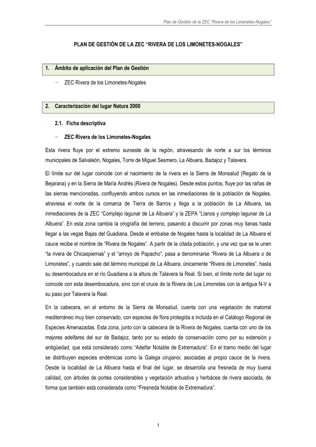 Plan De Gestión De La ZEC “Rivera De Los Limonetes-Nogales”