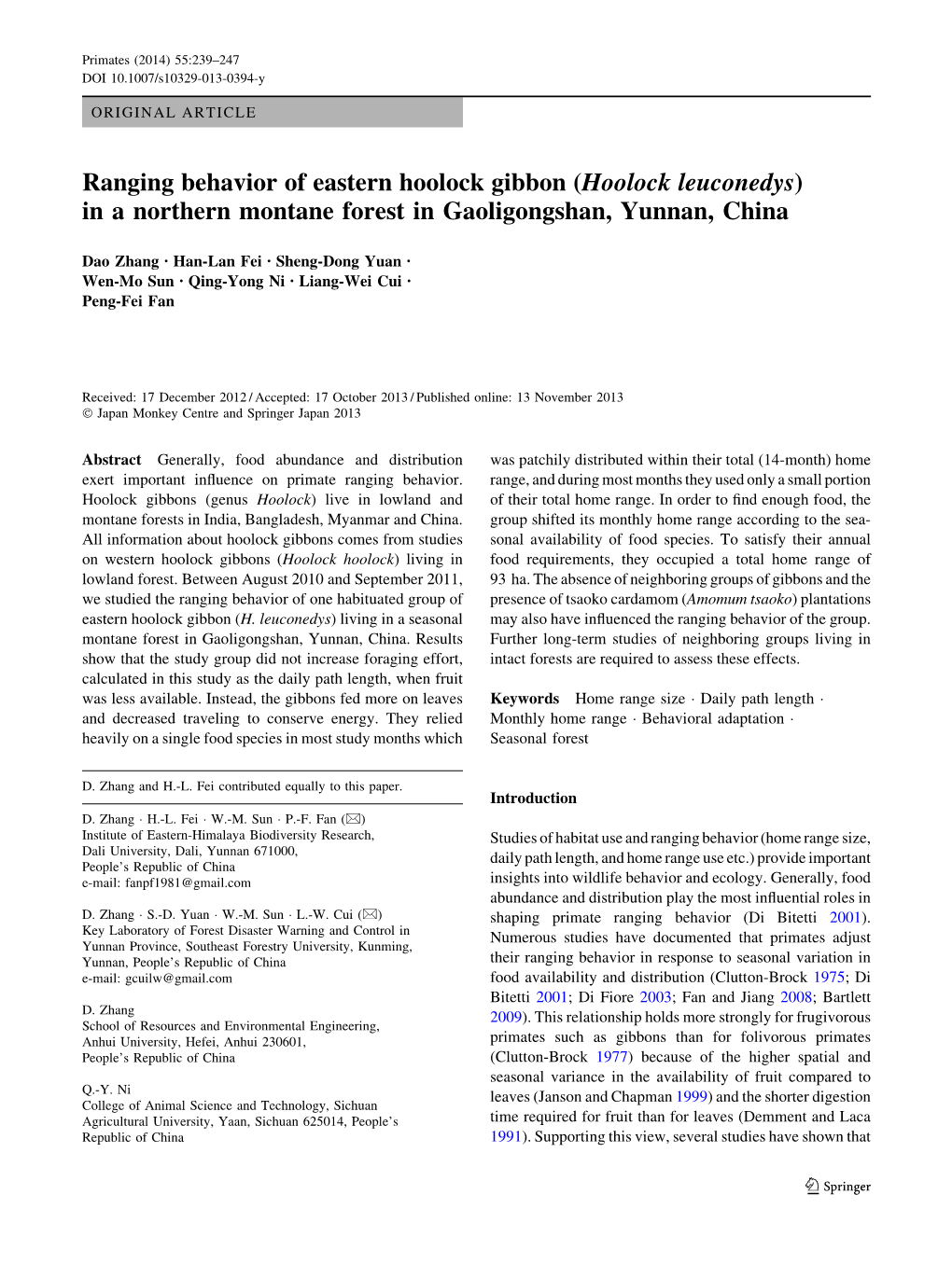 Ranging Behavior of Eastern Hoolock Gibbon (Hoolock Leuconedys) in a Northern Montane Forest in Gaoligongshan, Yunnan, China