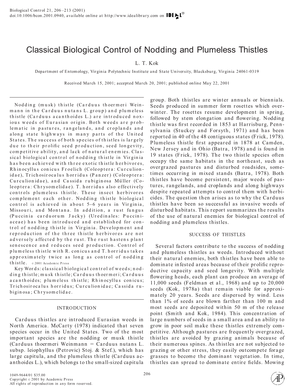 Classical Biological Control of Nodding and Plumeless Thistles