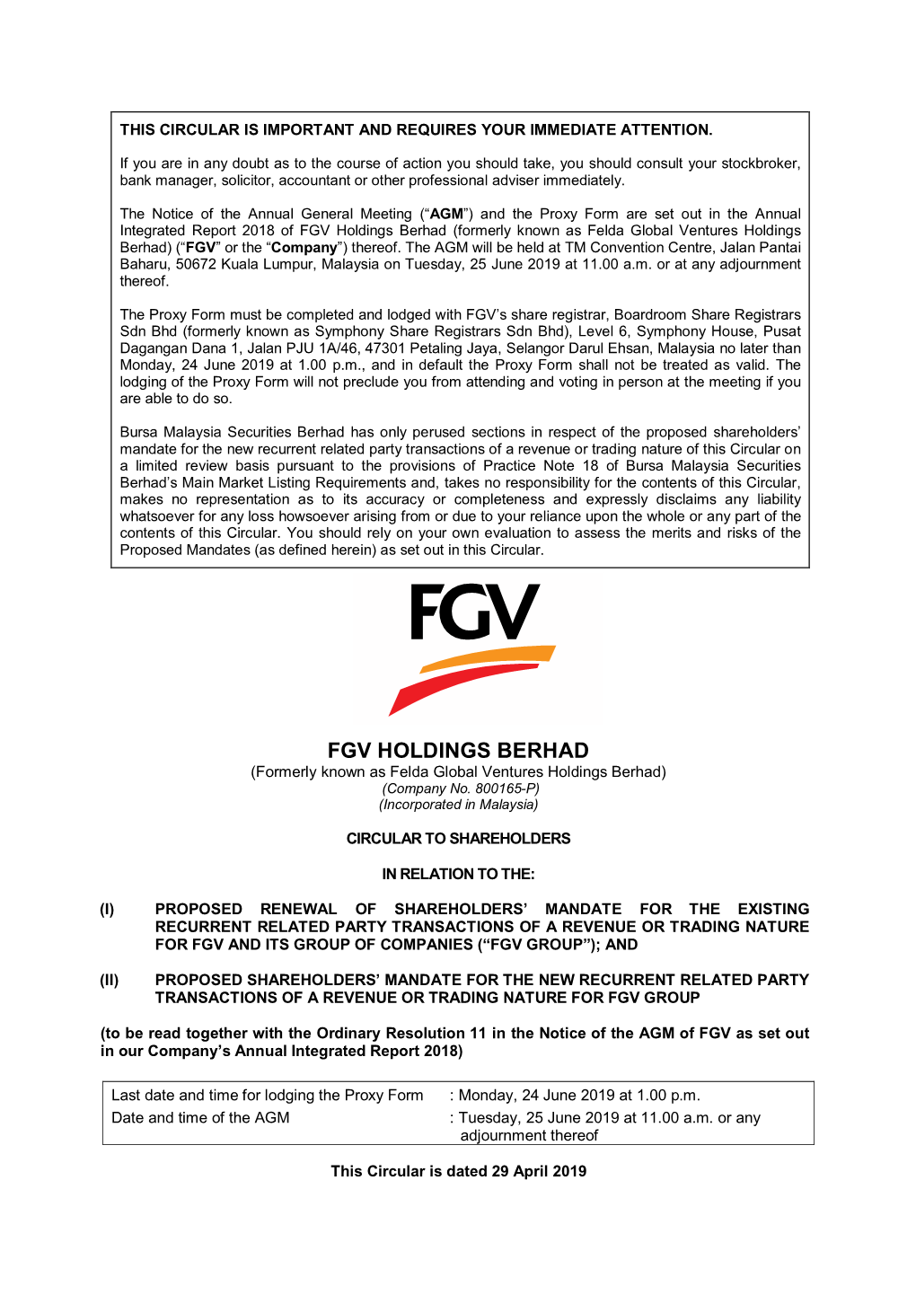 FGV Holdings Berhad (Formerly Known As Felda Global Ventures Holdings Berhad) (“FGV” Or the “Company”) Thereof
