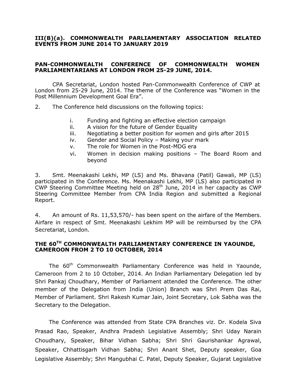 III(B)(A). COMMONWEALTH PARLIAMENTARY ASSOCIATION RELATED EVENTS from JUNE 2014 to JANUARY 2019