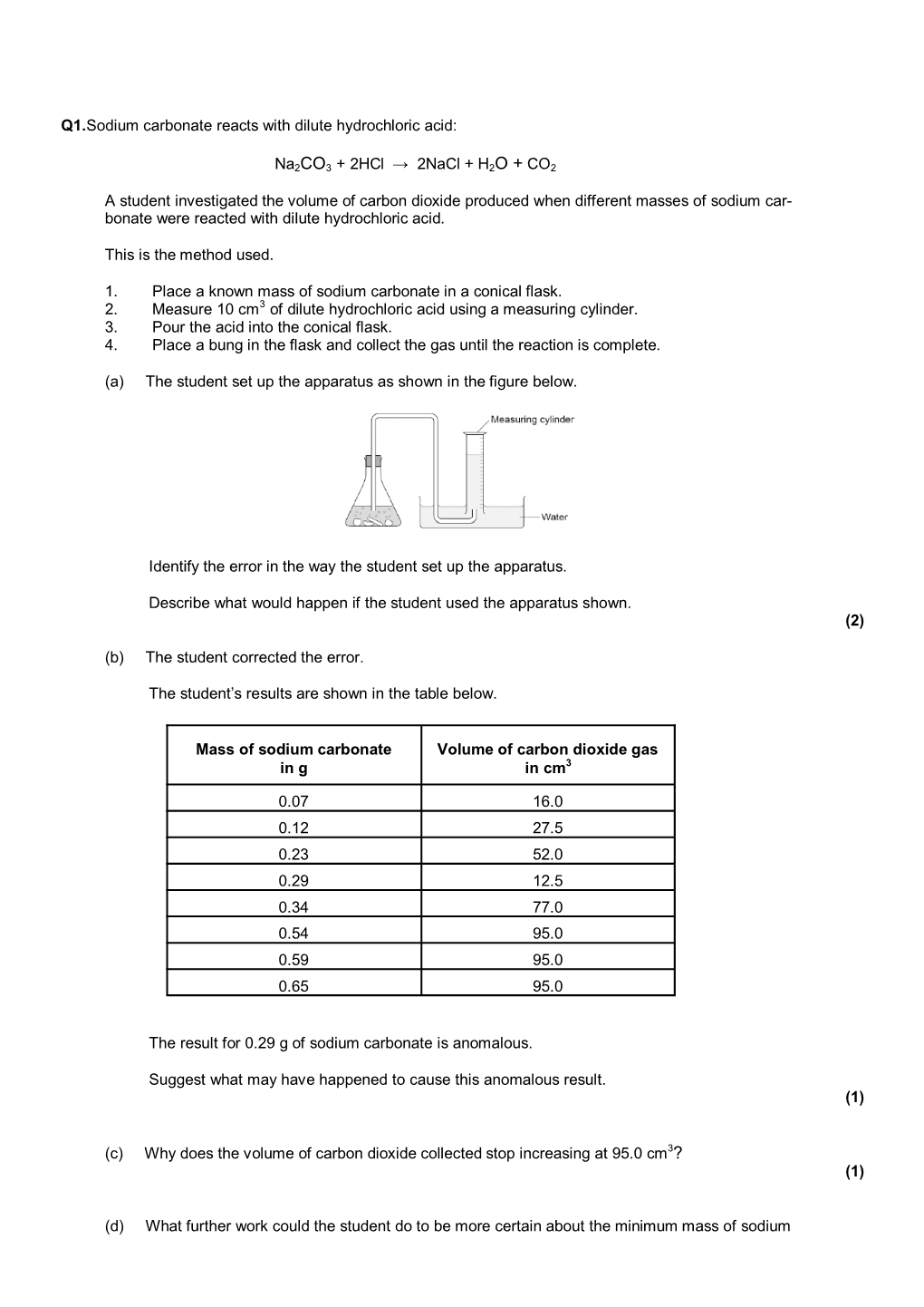 Q1.Sodium Carbonate Reacts with Dilute Hydrochloric Acid