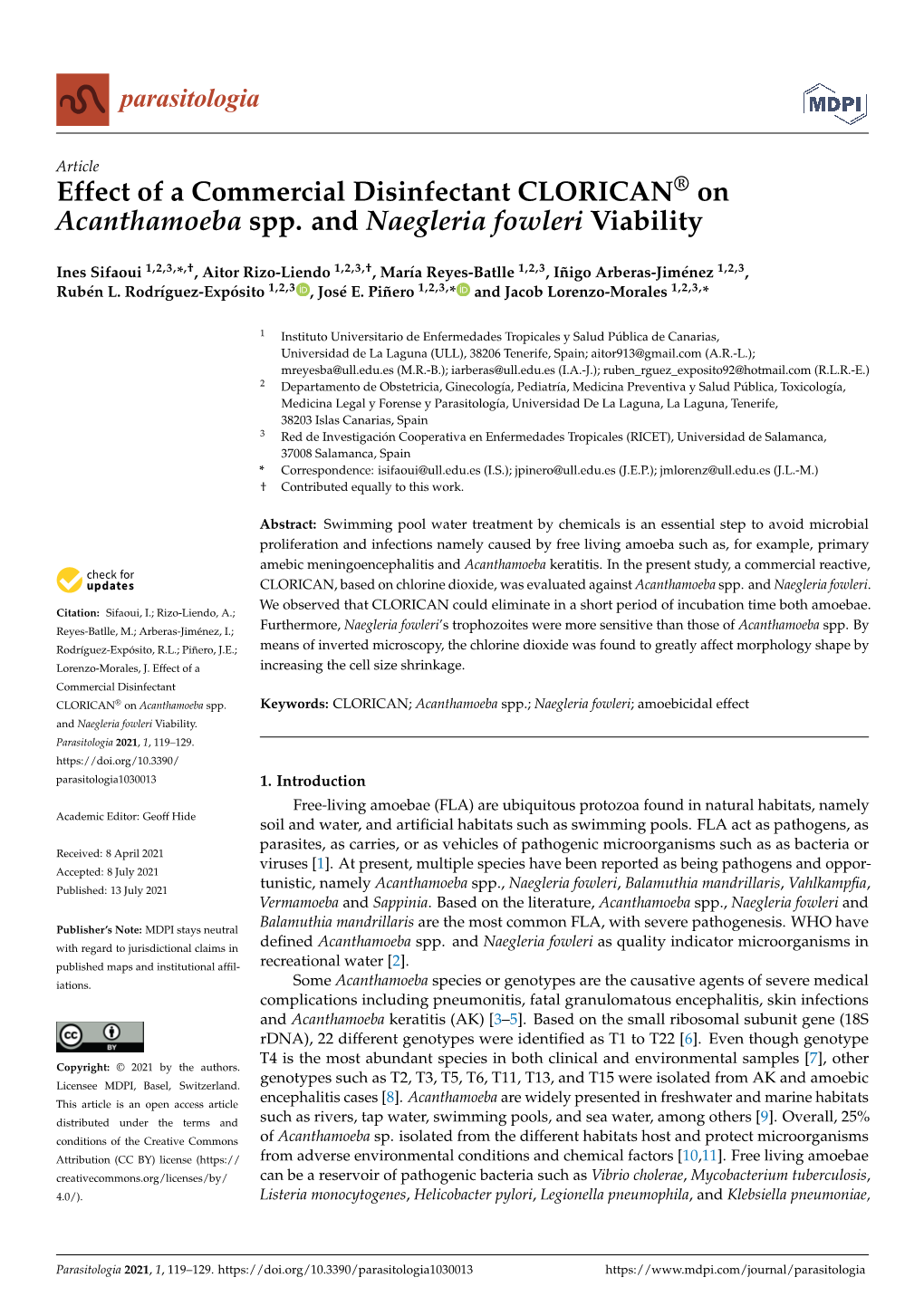 Effect of a Commercial Disinfectant CLORICAN® on Acanthamoeba Spp