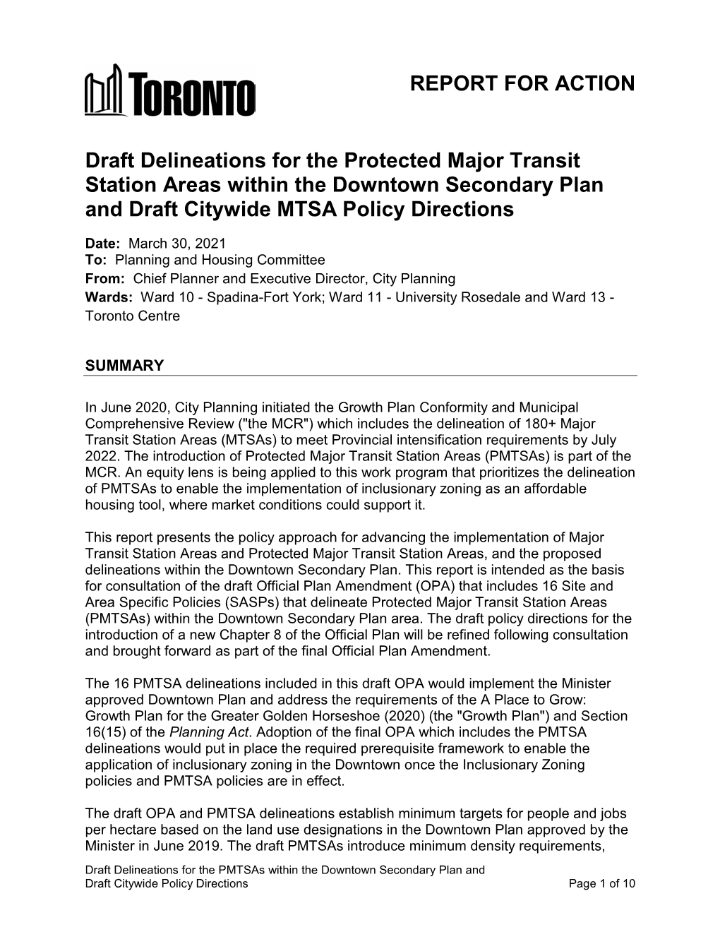 Draft Delineations for the Protected Major Transit Station Areas Within the Downtown Secondary Plan and Draft Citywide MTSA Policy Directions