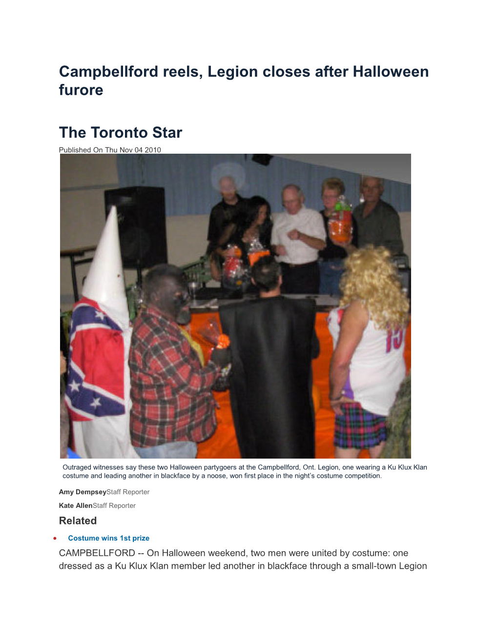 Campbellford Reels, Legion Closes After Halloween Furore the Toronto Star