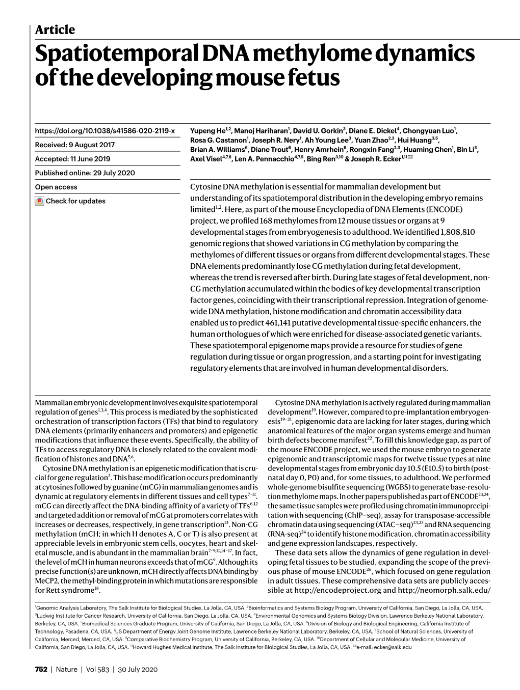 Spatiotemporal DNA Methylome Dynamics of the Developing Mouse Fetus