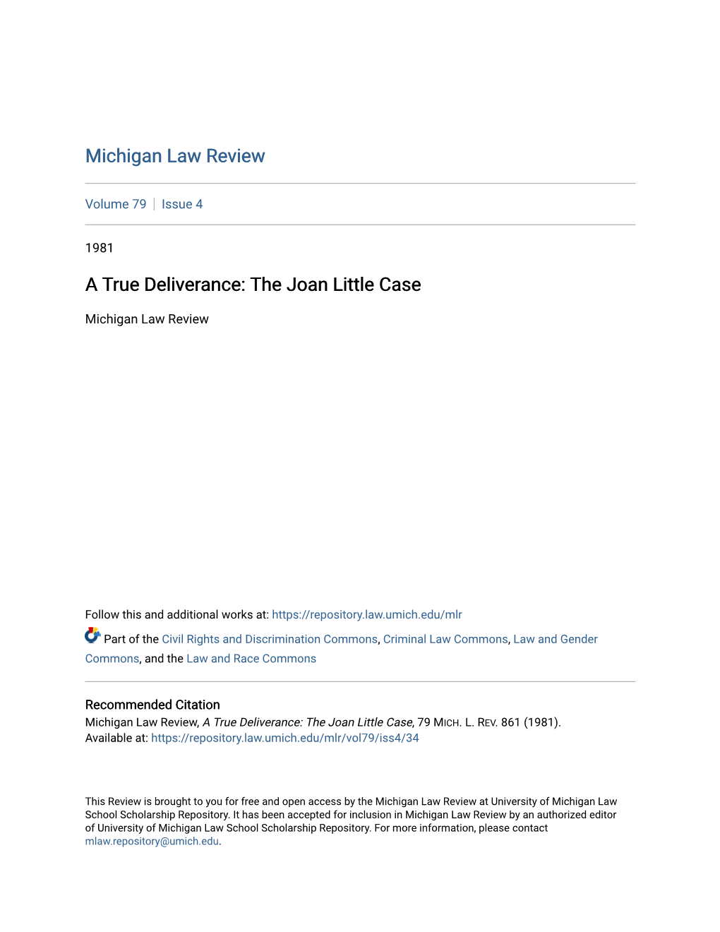 A True Deliverance: the Joan Little Case