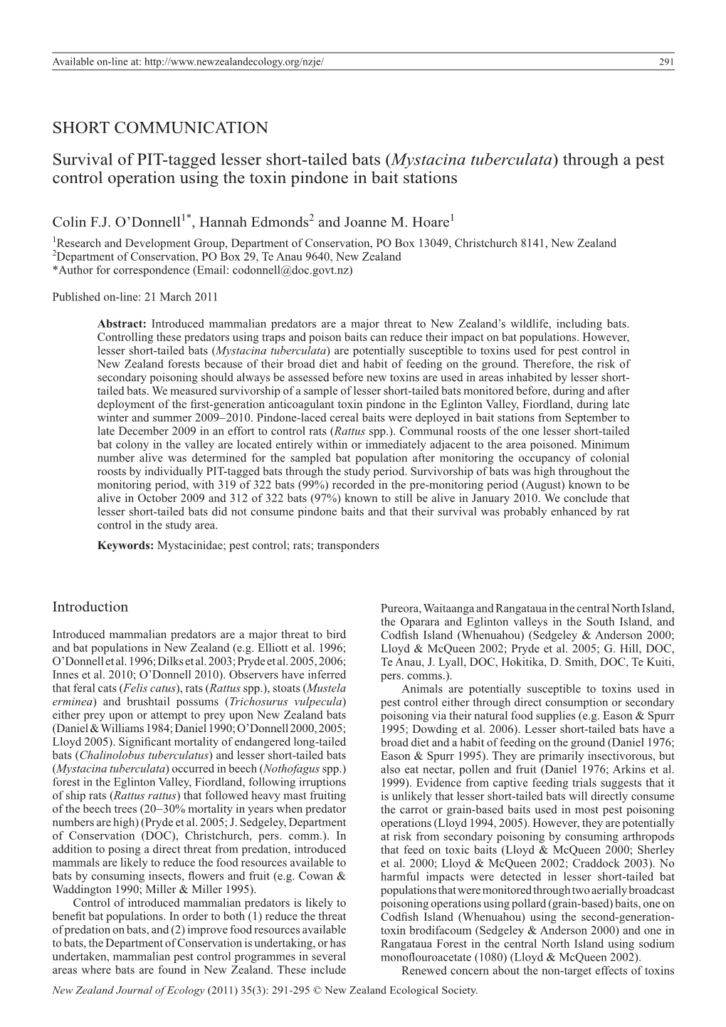 Mystacina Tuberculata) Through a Pest Control Operation Using the Toxin Pindone in Bait Stations