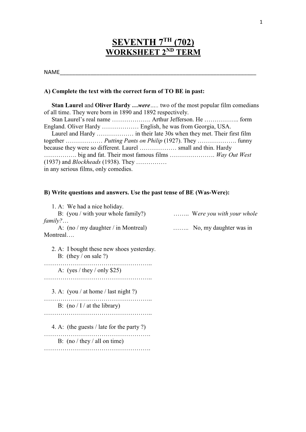 Seventh 7Th (702) Worksheet 2Nd Term