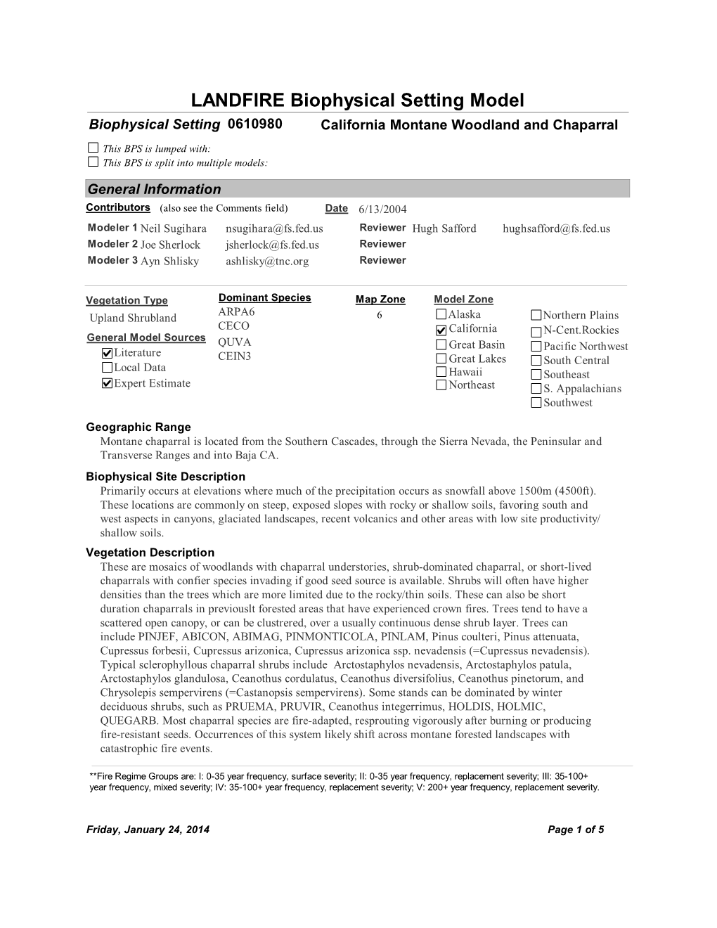 LANDFIRE Biophysical Setting Model Biophysical Setting 0610980 California Montane Woodland and Chaparral