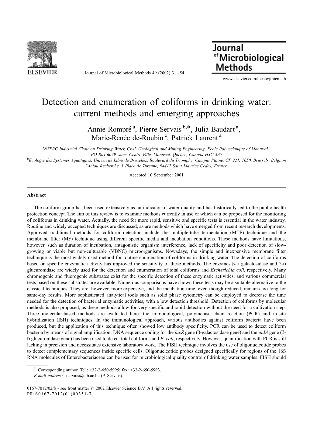 Detection and Enumeration of Coliforms in Drinking Water: Current Methods and Emerging Approaches