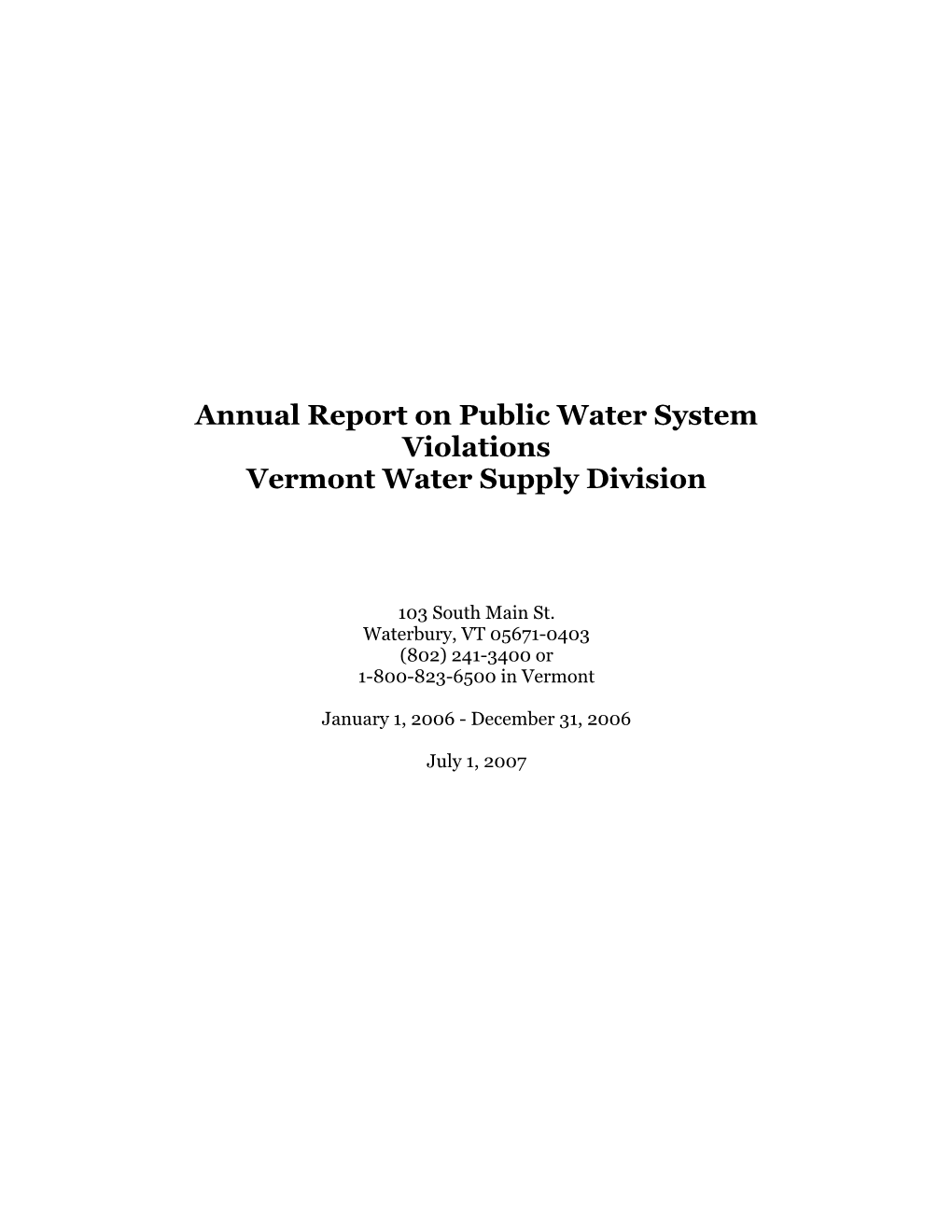 Annual Report on Public Water System Violations Vermont Water Supply Division