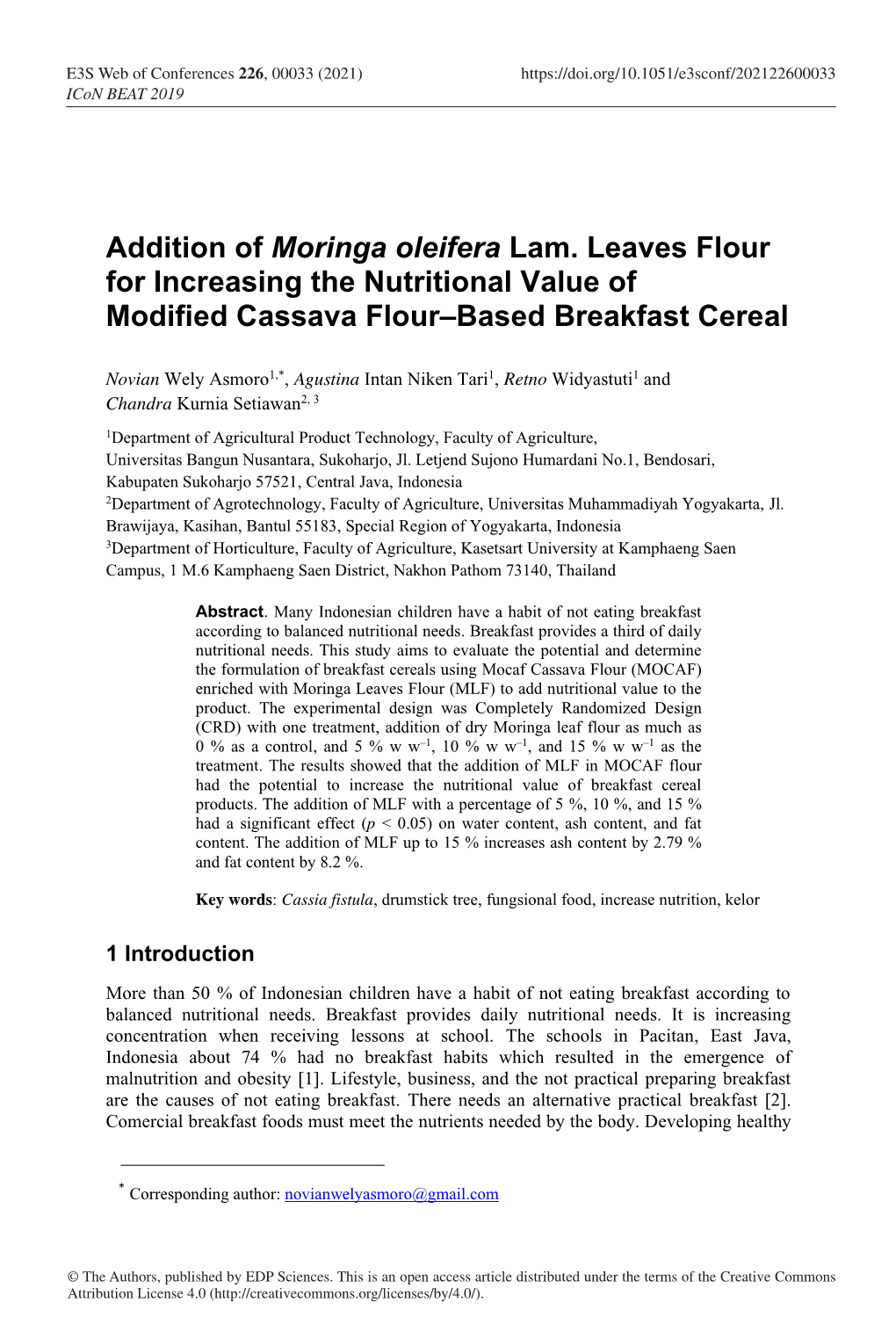 Addition of Moringa Oleifera Lam. Leaves Flour for Increasing the Nutritional Value of Modified Cassava Flour–Based Breakfast Cereal