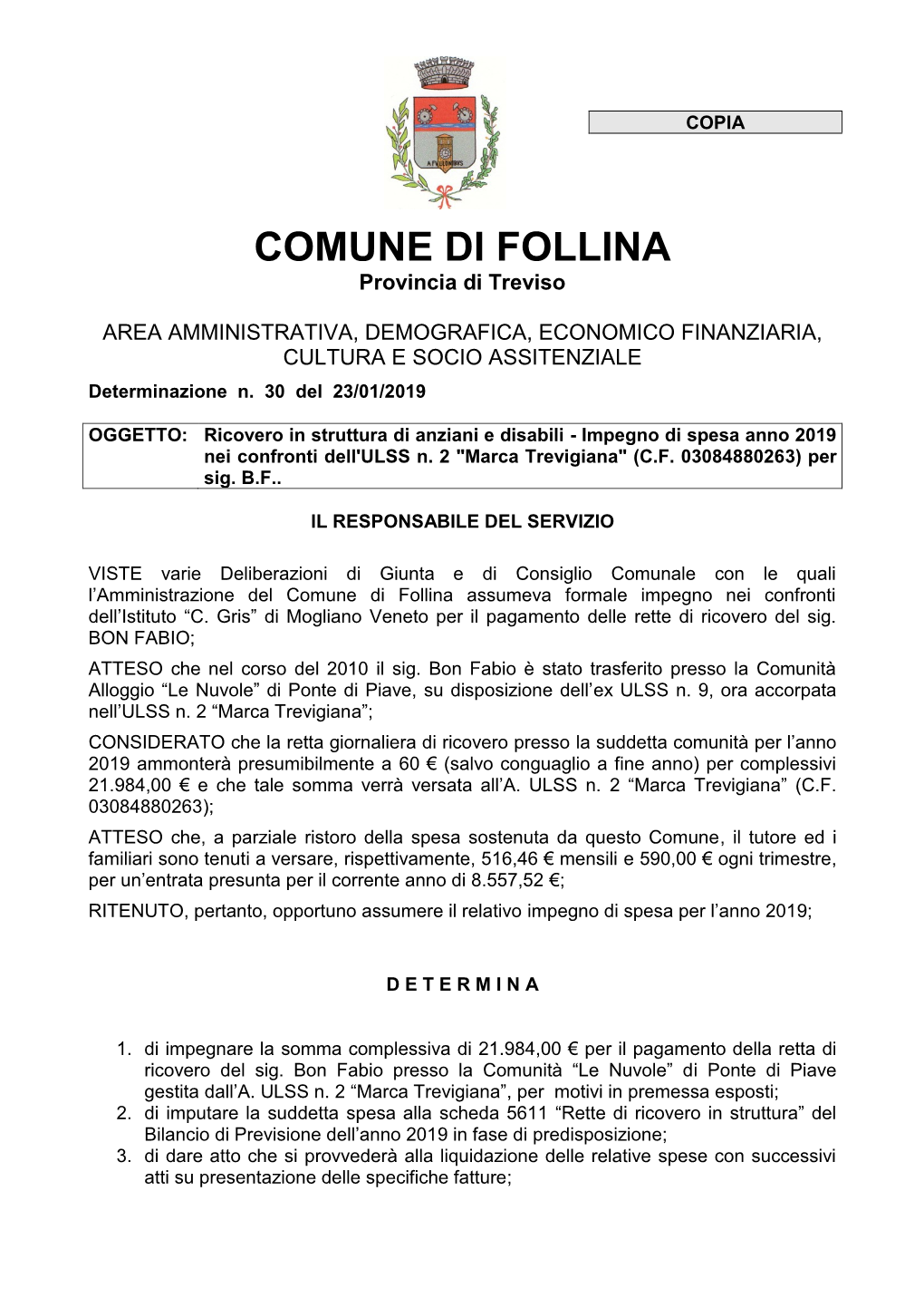 COMUNE DI FOLLINA Provincia Di Treviso