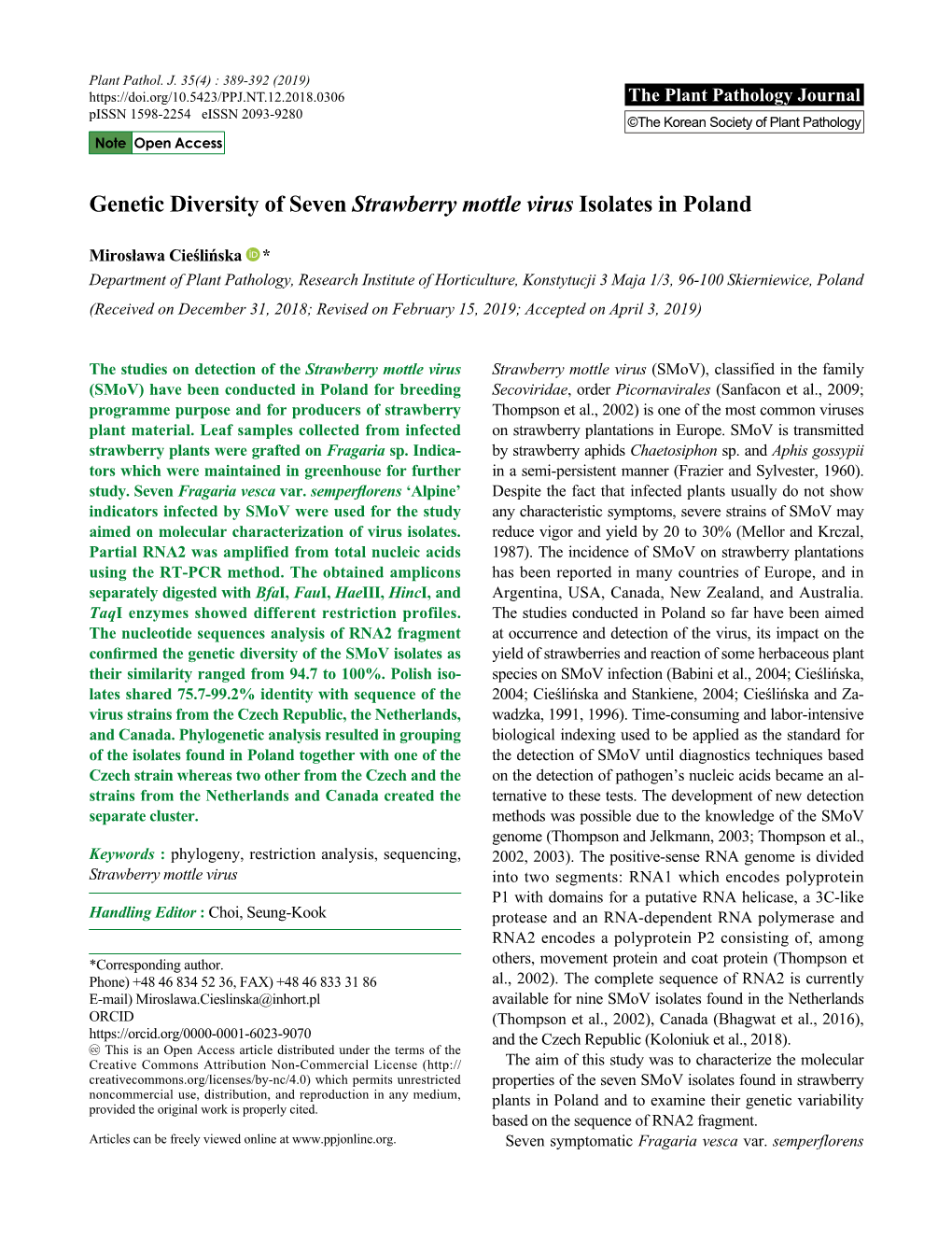 Genetic Diversity of Seven Strawberry Mottle Virus Isolates in Poland