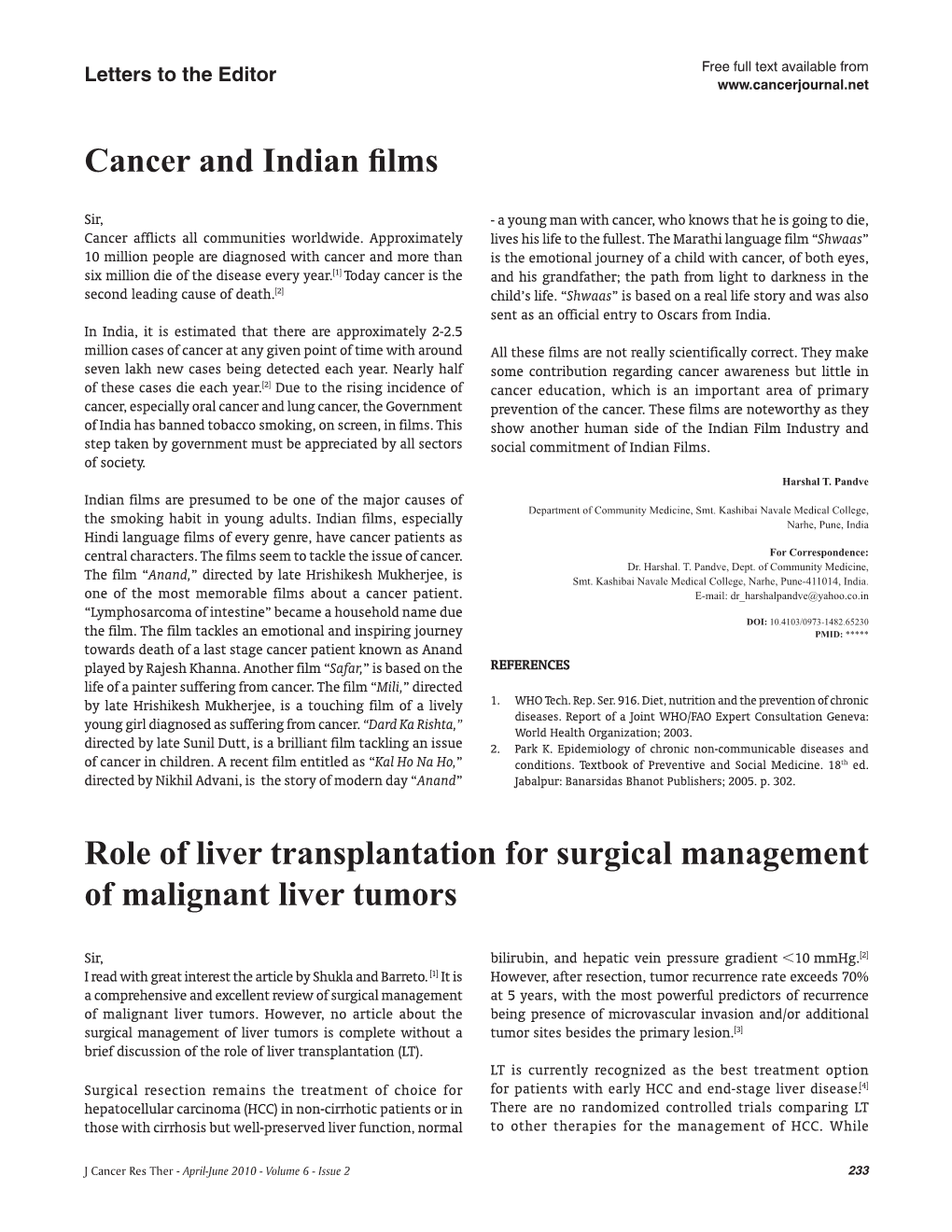 Cancer and Indian Films Role of Liver Transplantation For