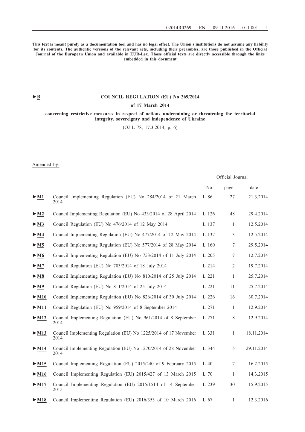 B COUNCIL REGULATION (EU) No 269/2014 of 17 March