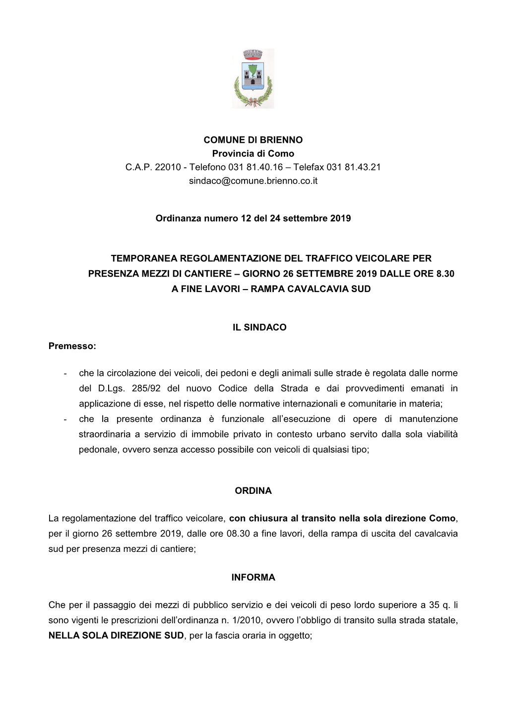 COMUNE DI BRIENNO Provincia Di Como C.A.P