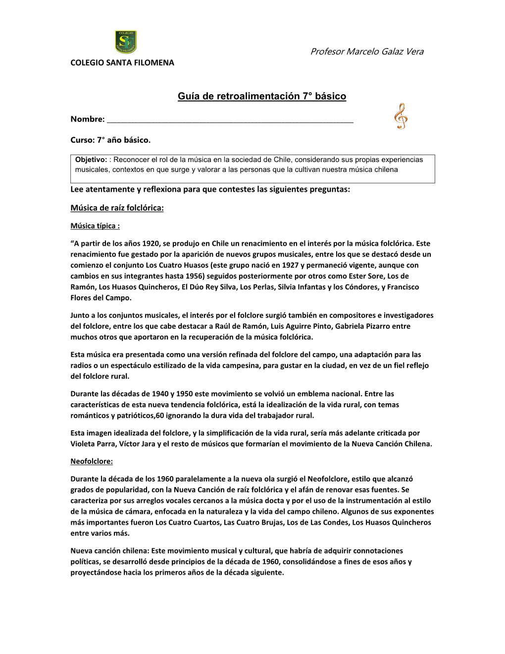 Profesor Marcelo Galaz Vera Guía De Retroalimentación 7° Básico