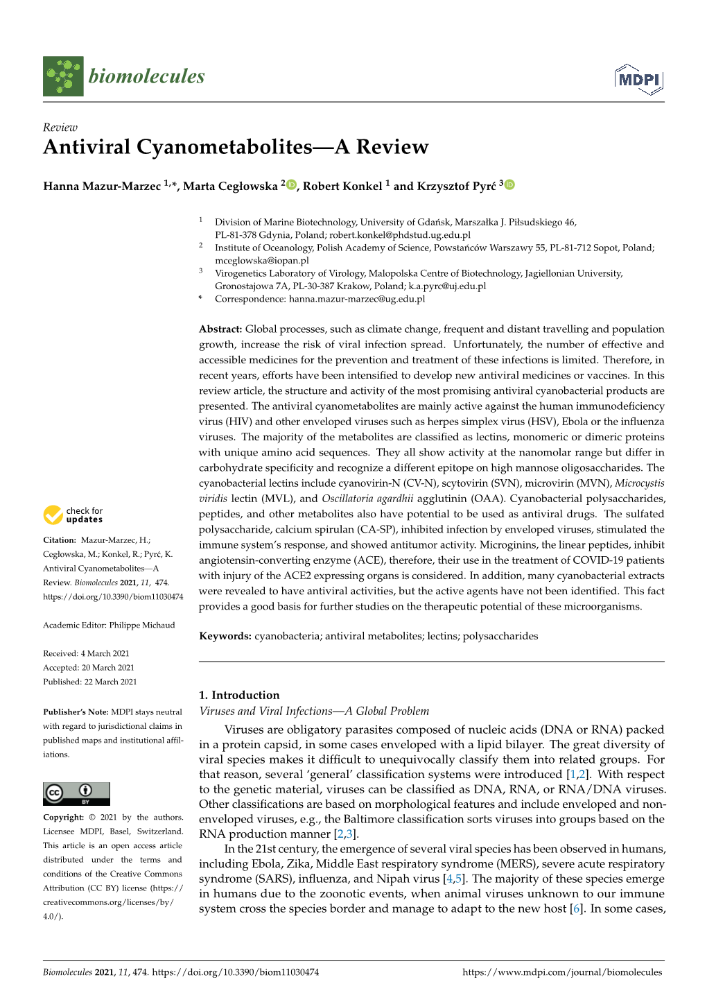 Antiviral Cyanometabolites—A Review