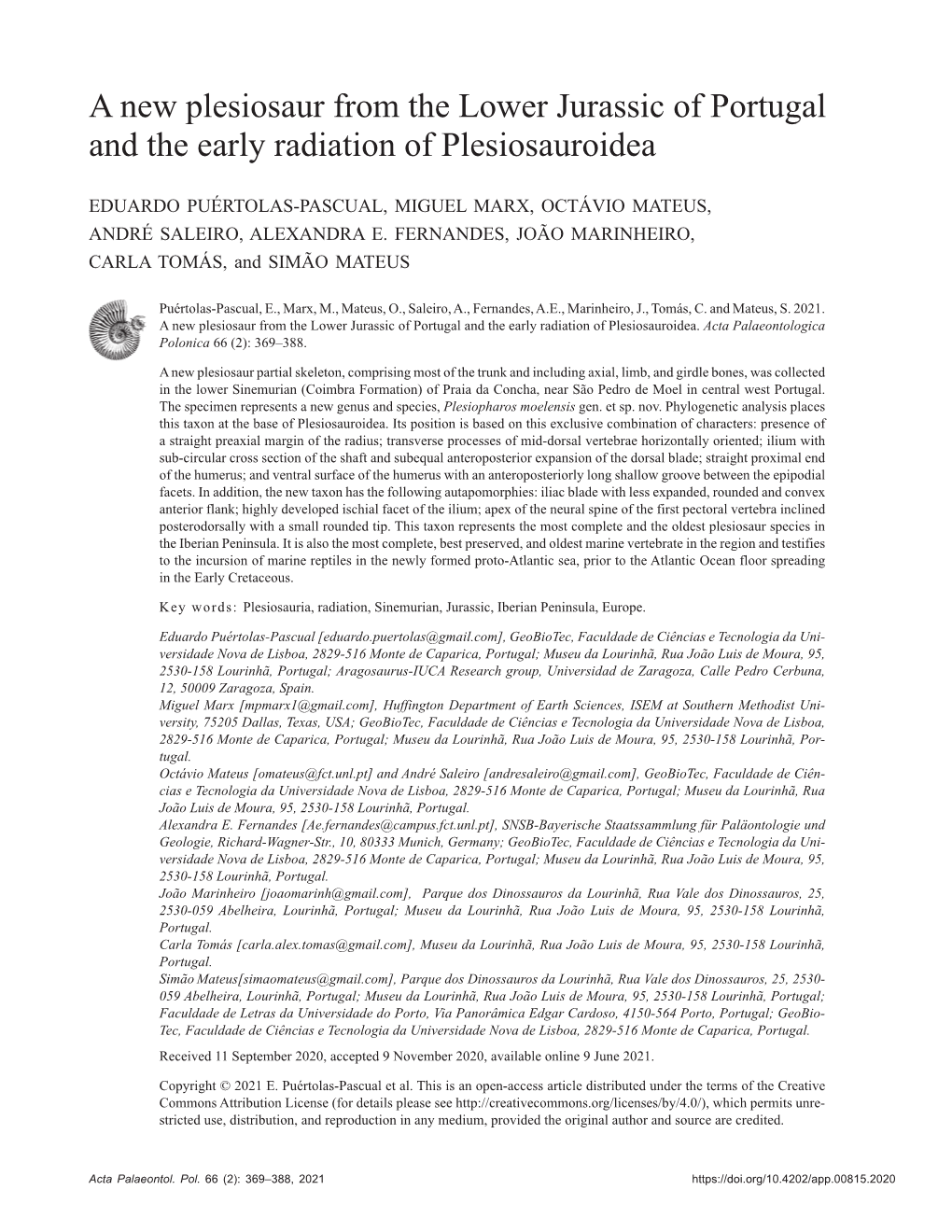 A New Plesiosaur from the Lower Jurassic of Portugal and the Early Radiation of Plesiosauroidea