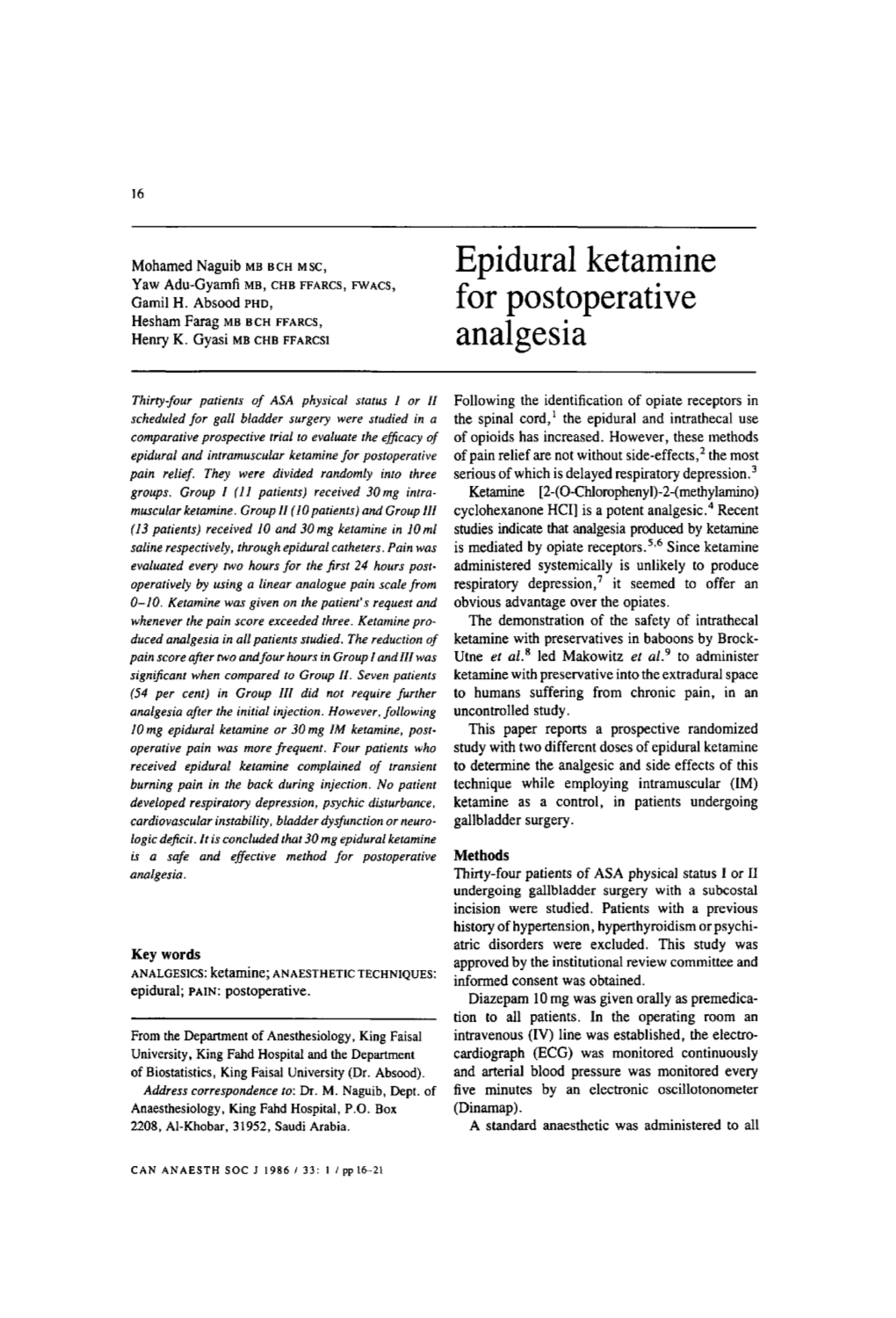 Epidural Ketamine for Postoperative Analgesia