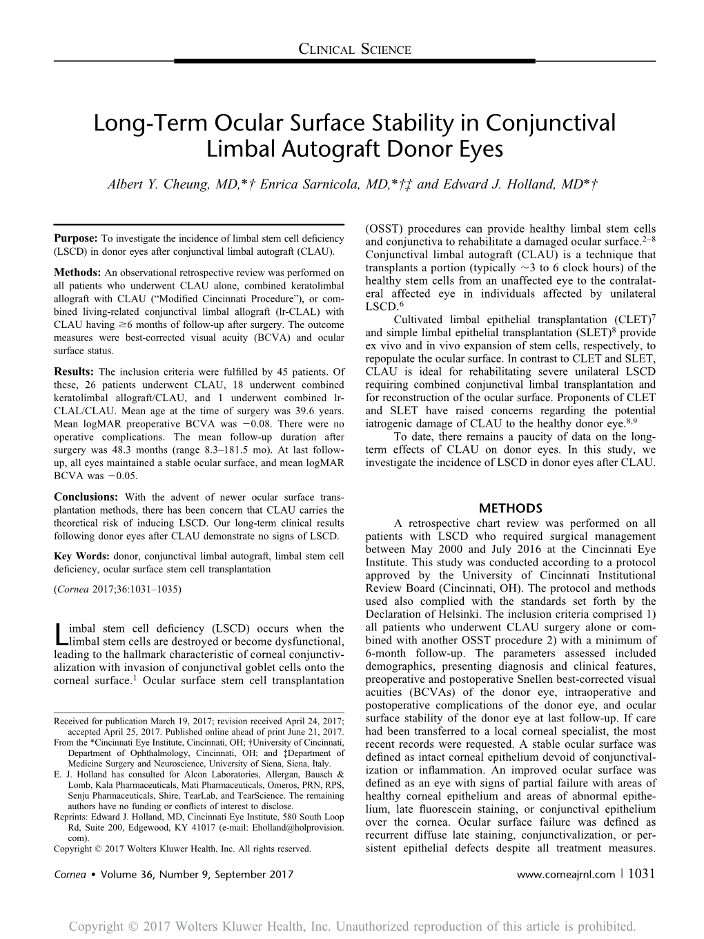 Long-Term Ocular Surface Stability in Conjunctival Limbal Autograft Donor Eyes