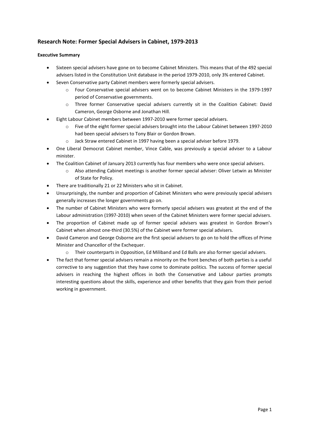 Research Note: Former Special Advisers in Cabinet, 1979-2013