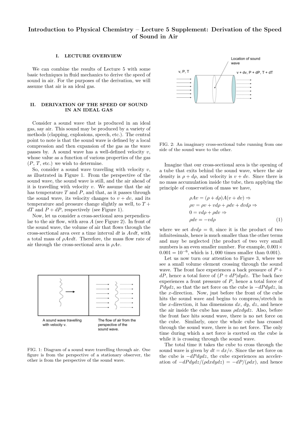 Introduction to Physical Chemistry – Lecture 5 Supplement: Derivation of the Speed of Sound in Air