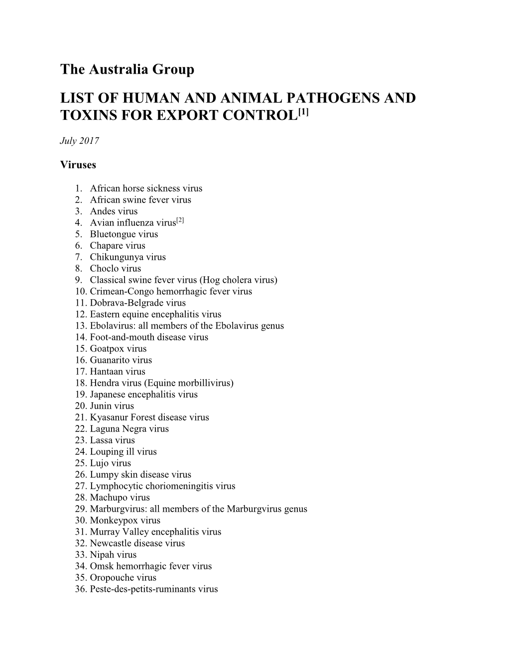 The Australia Group LIST of HUMAN and ANIMAL PATHOGENS and TOXINS for EXPORT CONTROL[1]