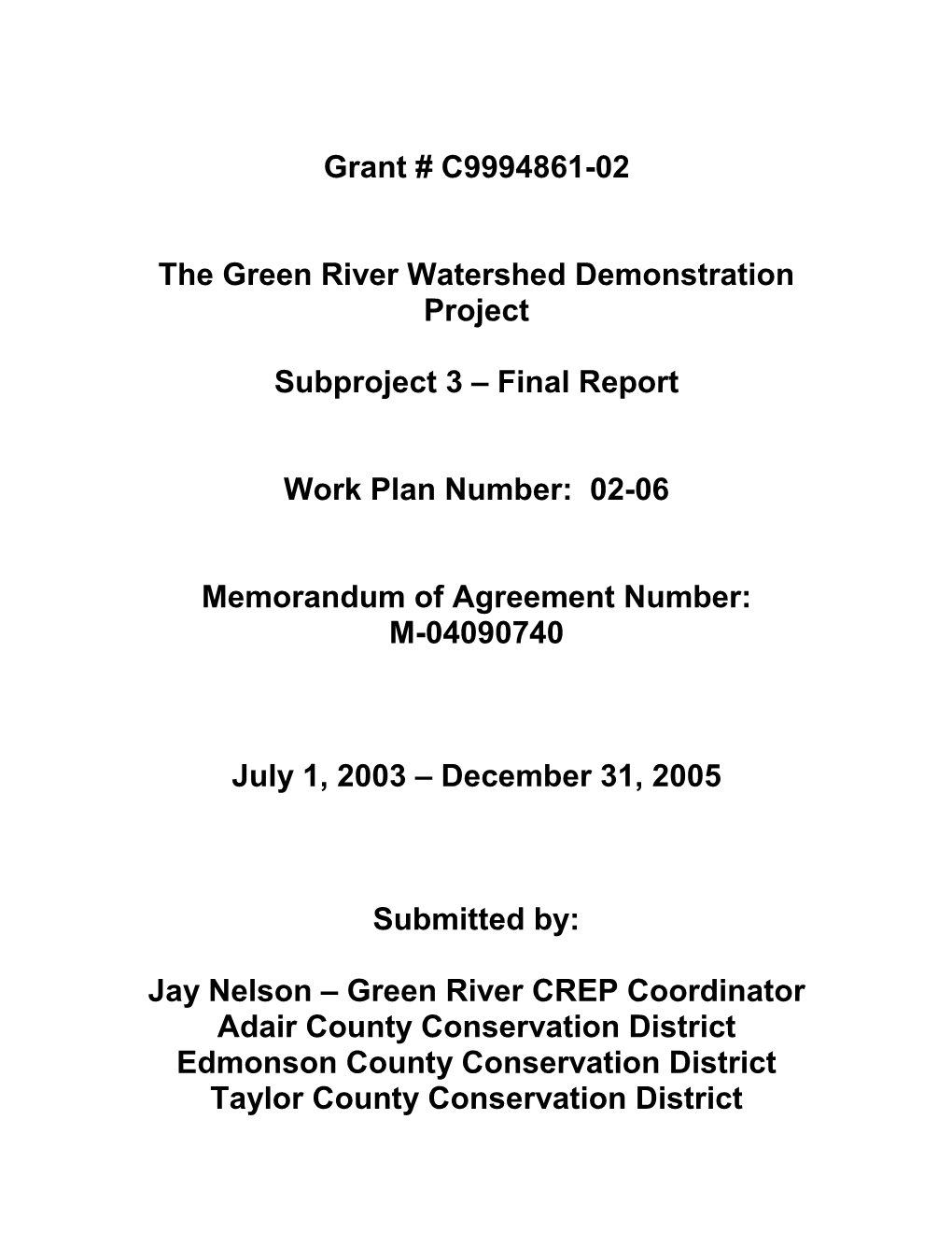 Green River Watershed Demonstration Project: Final Report