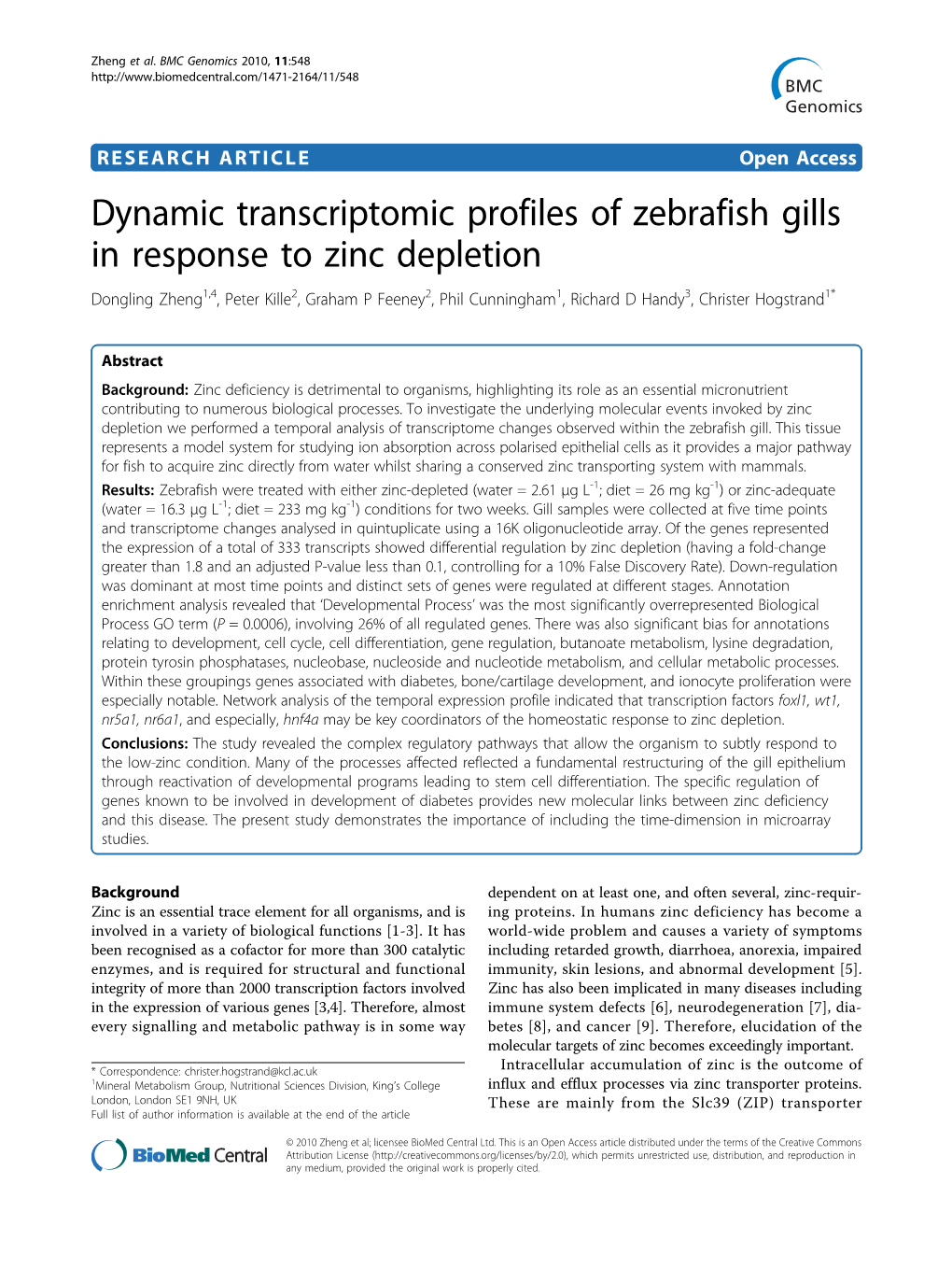 Dynamic Transcriptomic Profiles of Zebrafish Gills in Response to Zinc