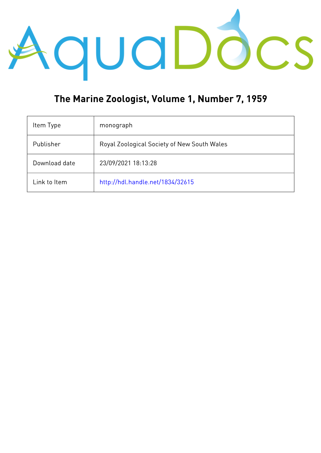 The Marine Zoologist, Volume 1, Number 7, 1959