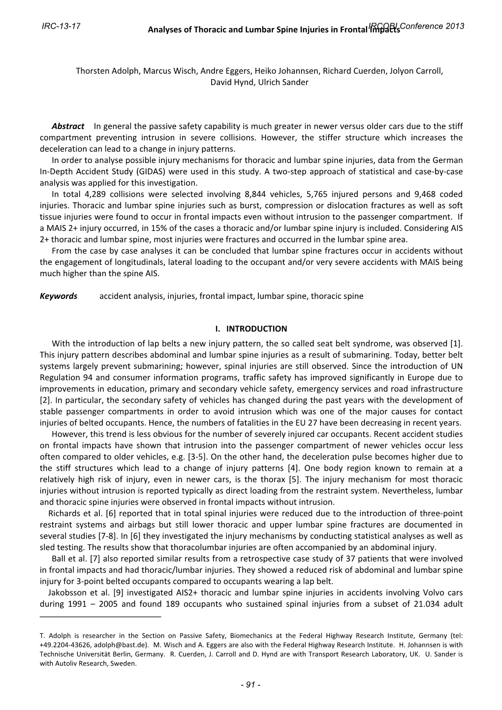 Analyses of Thoracic and Lumbar Spine Injuries in Frontal Impacts