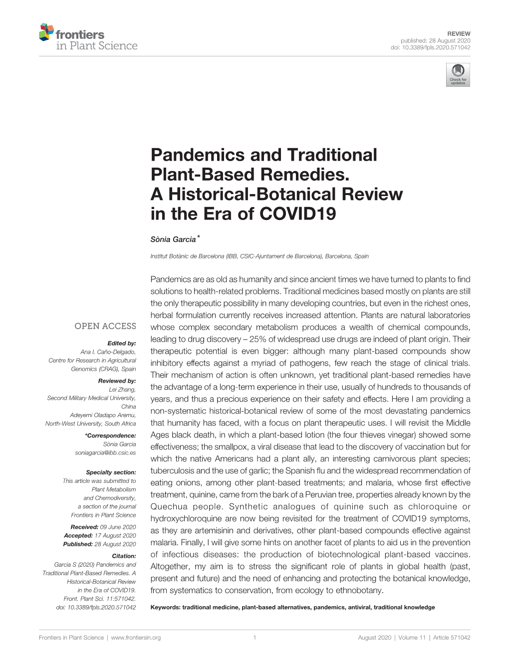 Pandemics and Traditional Plant-Based Remedies. a Historical-Botanical Review in the Era of COVID19