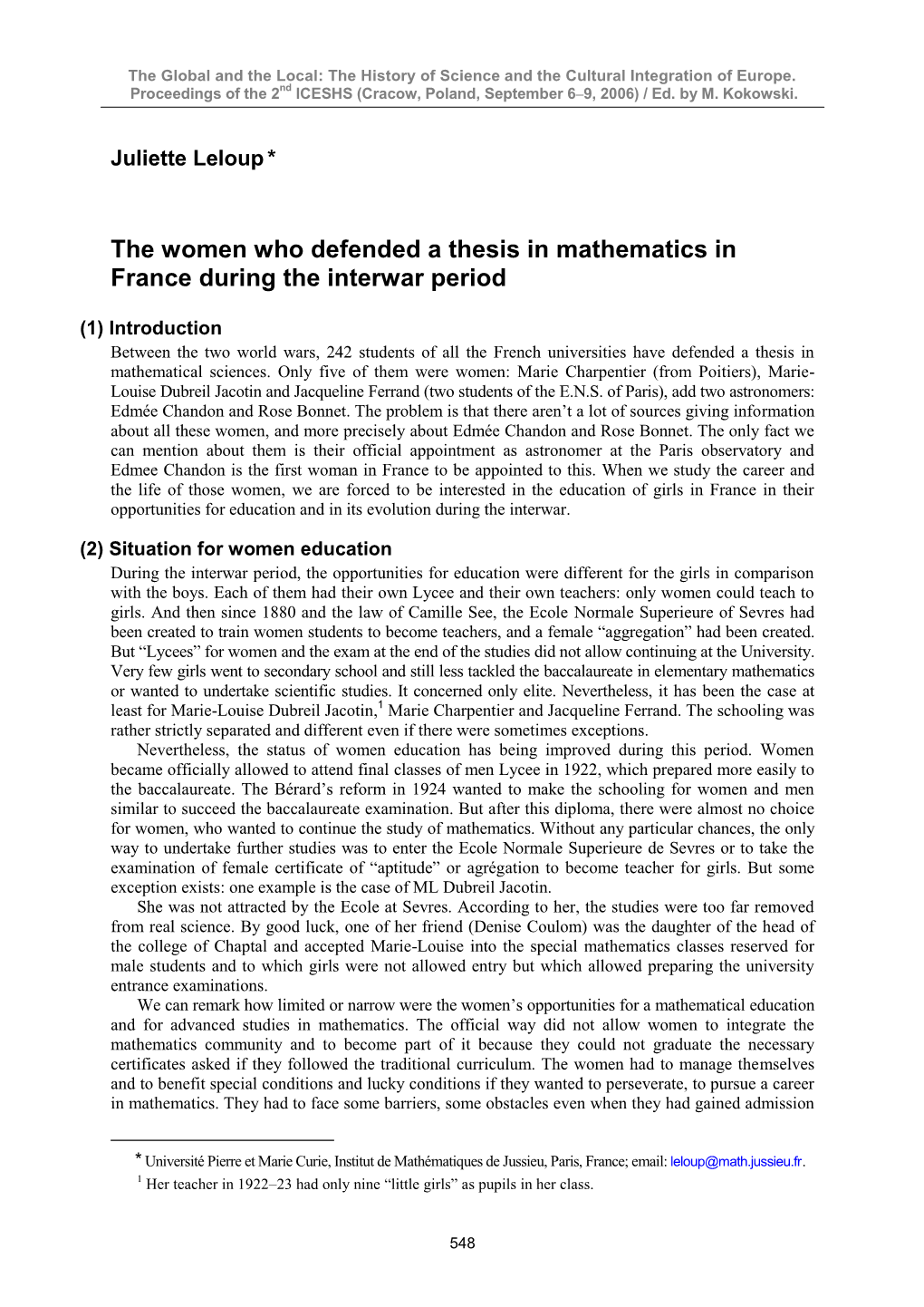 The Women Who Defended a Thesis in Mathematics in France During the Interwar Period