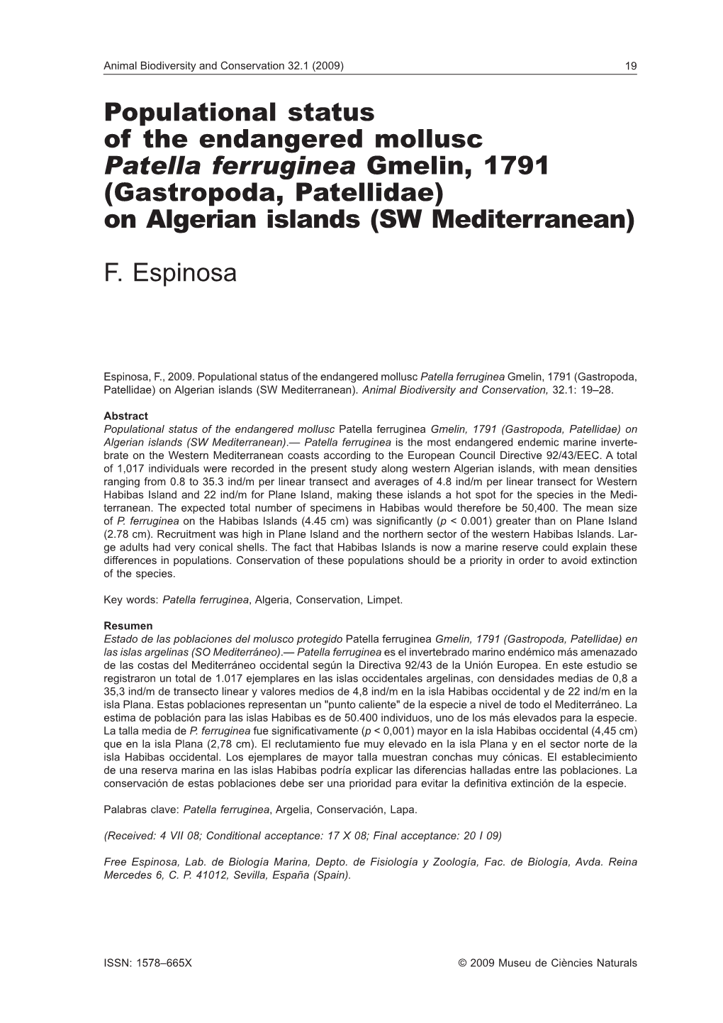 Patella Ferruginea Gmelin, 1791 (Gastropoda, Patellidae) on Algerian Islands (SW Mediterranean)