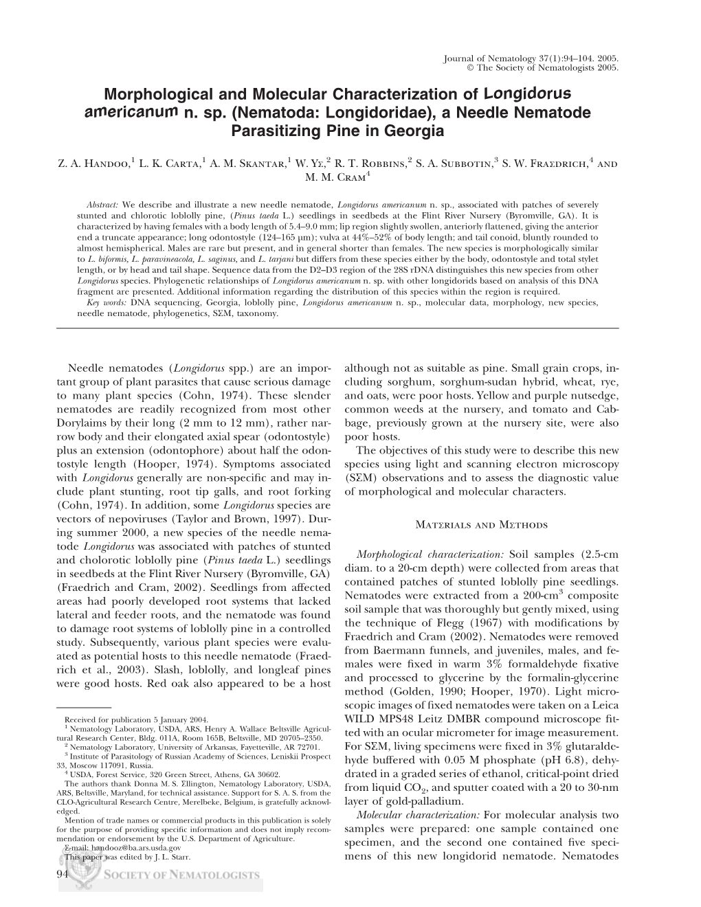 Morphological and Molecular Characterization of Longidorus Americanum N