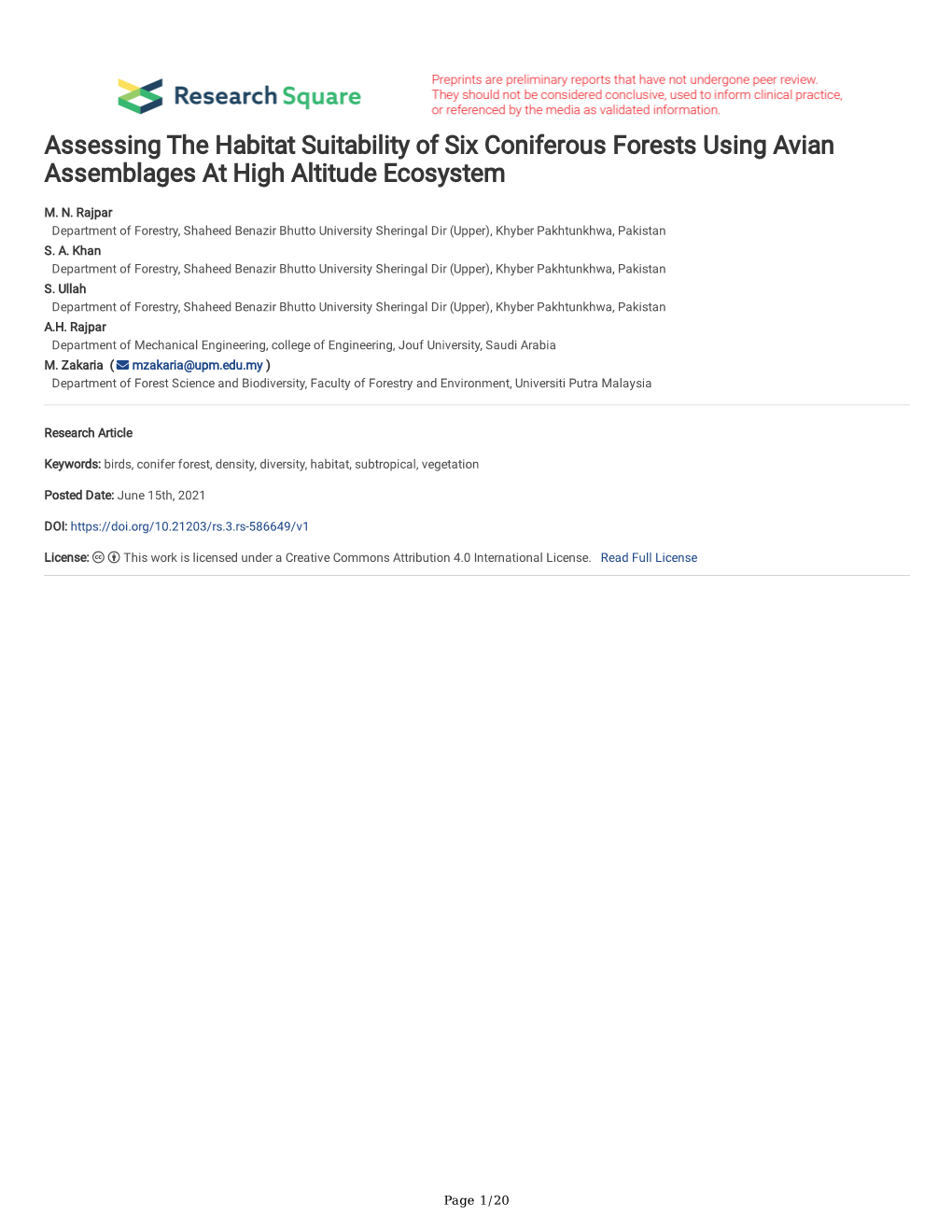 Assessing the Habitat Suitability of Six Coniferous Forests Using Avian Assemblages at High Altitude Ecosystem