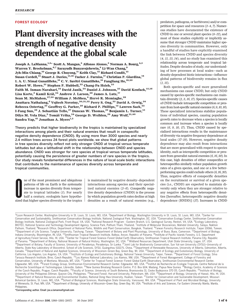 Plant Diversity Increases with the Strength of Negative Density Dependence at the Global Scale