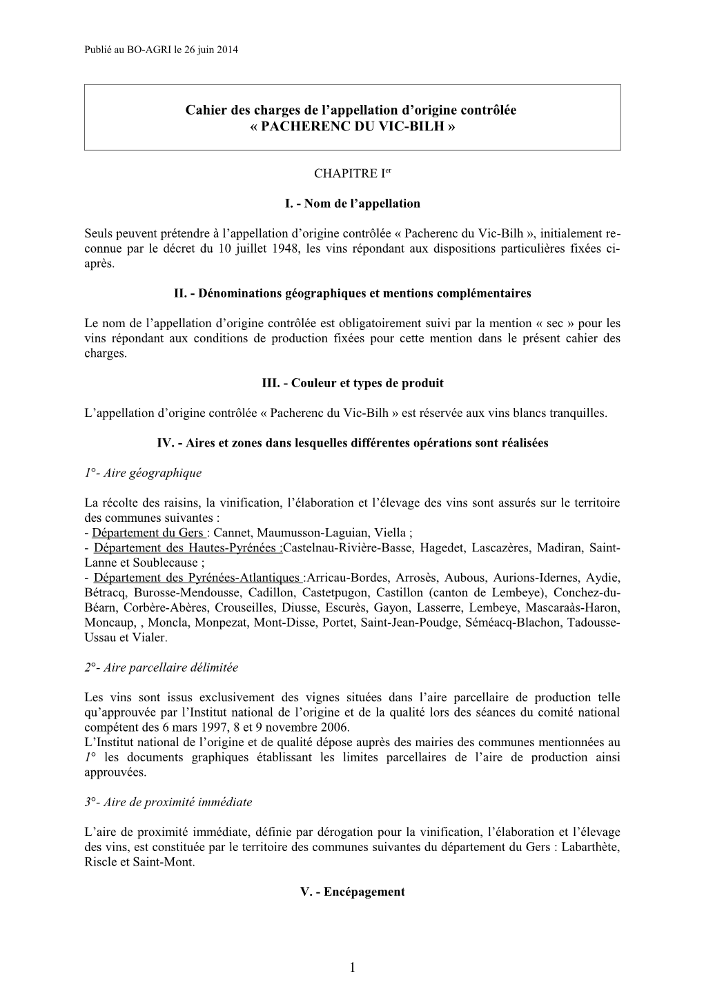 Cahier Des Charges De L'appellation D'origine