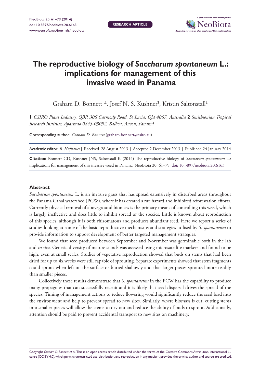 The Reproductive Biology of Saccharum Spontaneum L.: Implications for Management of This Invasive Weed in Panama