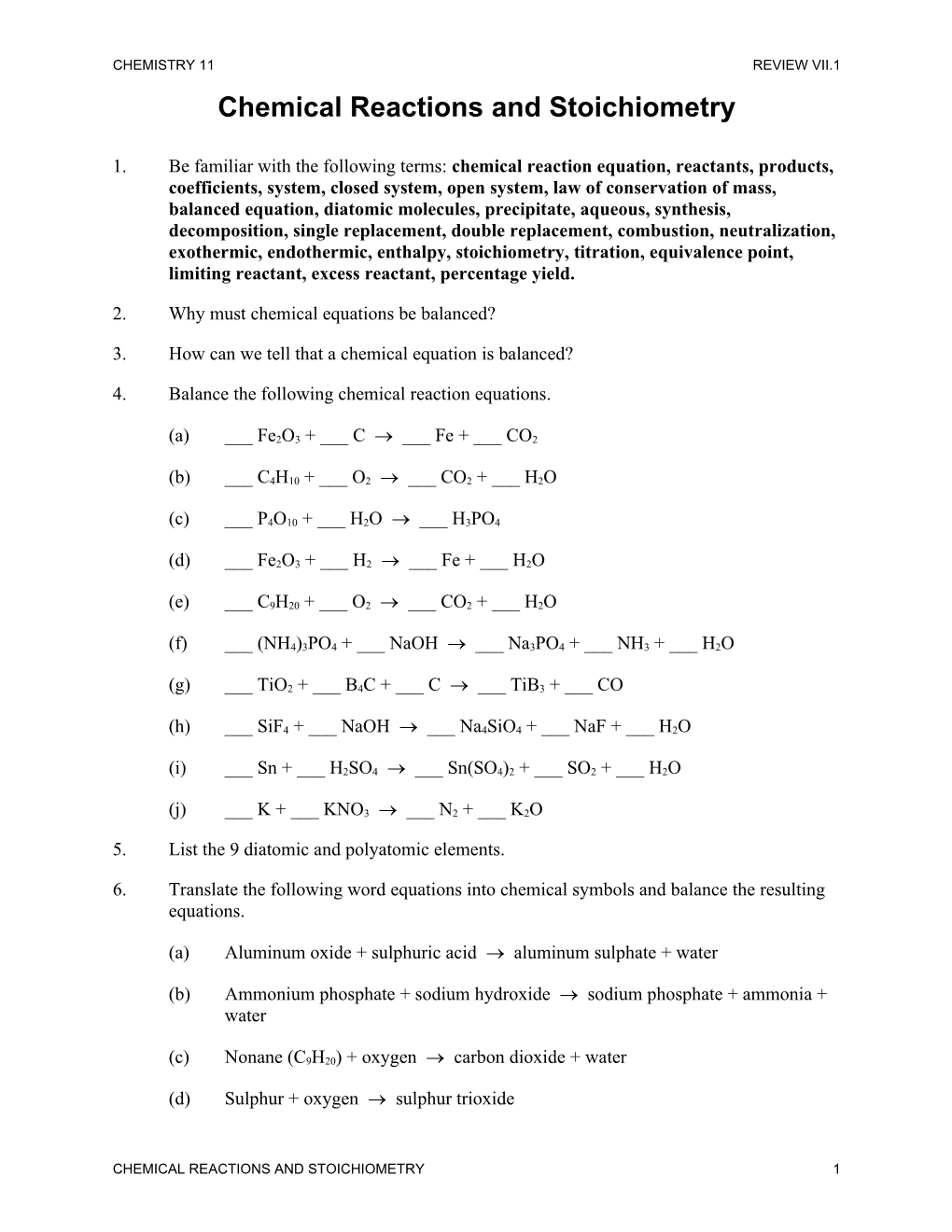 Chemical Reactions and Stoichiometry