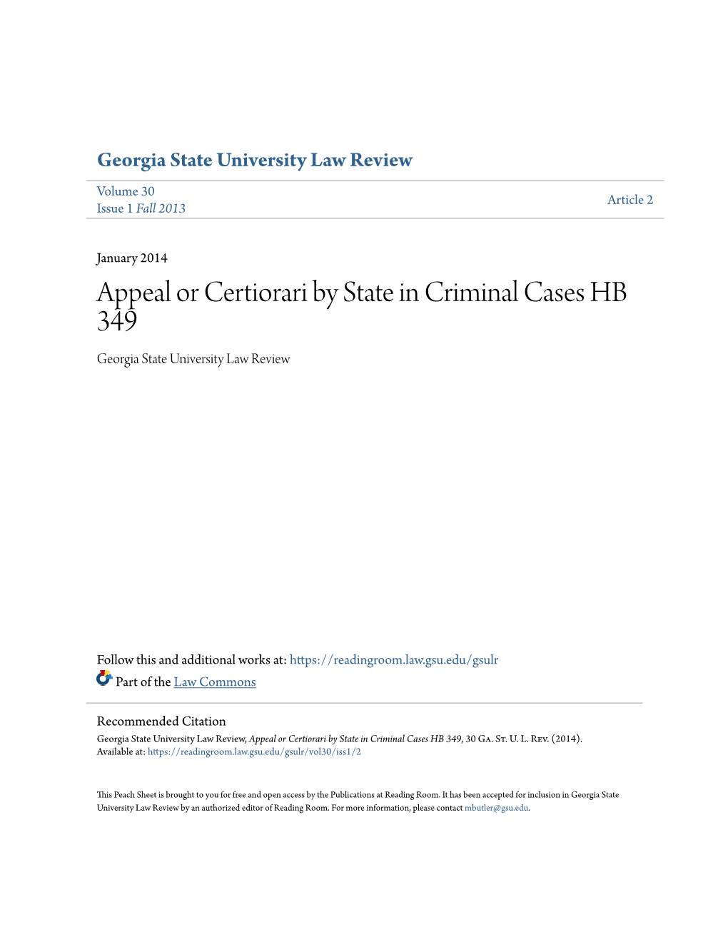 Appeal Or Certiorari by State in Criminal Cases HB 349 Georgia State University Law Review