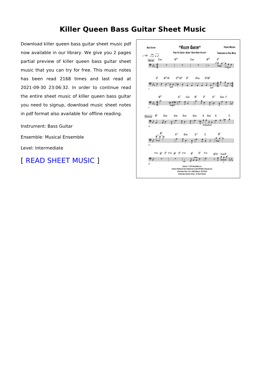 Killer Queen Bass Guitar Sheet Music